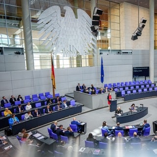 Blick in den Bundestag in Berlin, wo einige Abgeordnete im Plenarsaal sitzen. Am 23. Februar 2025 soll der Bundestag neu gewählt werden. 