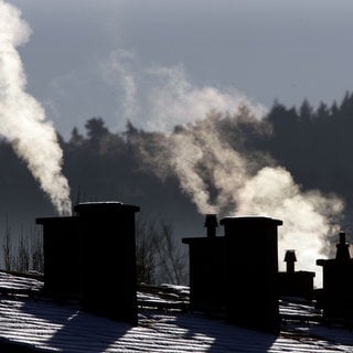 Rauchende Schornsteine auf schneebedecktem Dach (Symbolbild). In Rheinland-Pfalz heizen die meisten mit Gas und Öl.