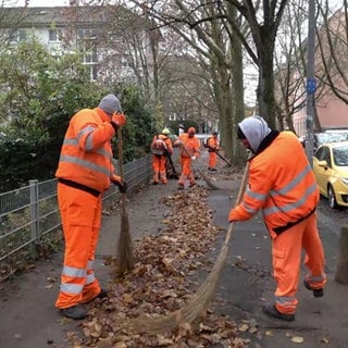 Arbeiter kehren die Blätter zur Entsorgung