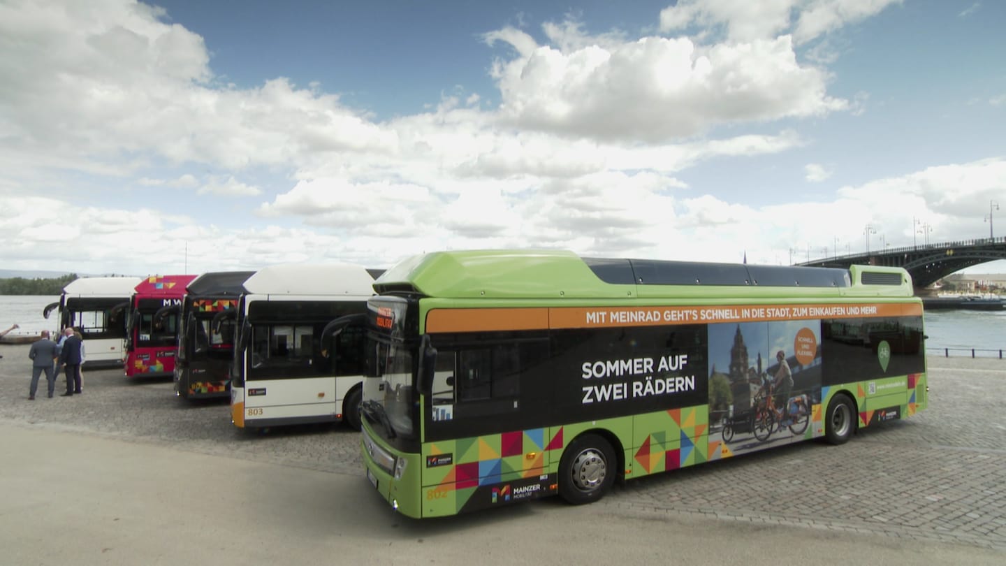 Busse stehen auf einem Parkplatz am Rhein in Mainz - hier ein Archivbild. Ab Januar 2025 wird der ÖPNV-Index in Rheinland-Pfalz eingeführt.