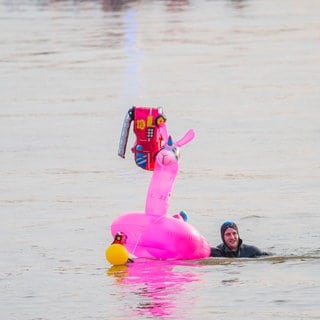 Ein Teilnehmer schwimmt mit einem rosa Schwimmreifen beim Silvesterabschwimmen der Feuerwehr im Rhein.