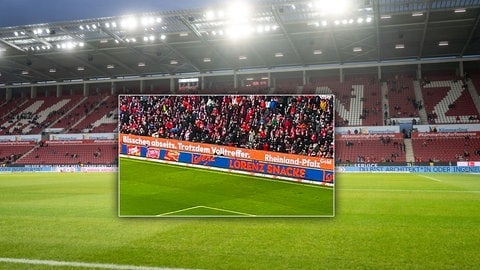 Bandenwerbung des Landes RLP im Stadion von Mainz 05: "Bisschen abseits. Trotzdem Volltreffer." (Collage)