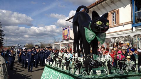 Umzugswagen mit schwarzer Katze, dem Maskottchen des Karnevalvereins "Bruchkatze"