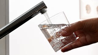 Eine Hand hält ein Wasserglas unter einen Wasserhahn
