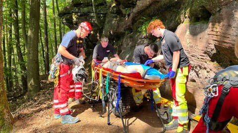 Für Trainingszwecke versorgen Höhenretter in Pirmasens einen "Verletzten" im Pfälzerwald.