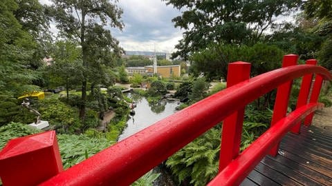 Verregnete Brücke im Japanischen Garten in Kaiserslautern