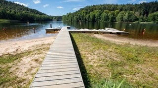 Dürre und Hitze setzen dem beliebten Stausee Gelterswoog bei Kaiserslautern zu. Jedes Jahr sinkt der Wasserstand weiter.