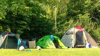 Zelte auf dem Campingplatz Wolfstein stehen nach dem Regen auf einer Wiese in der Sonne. (Bild: Camping Wolfstein)
