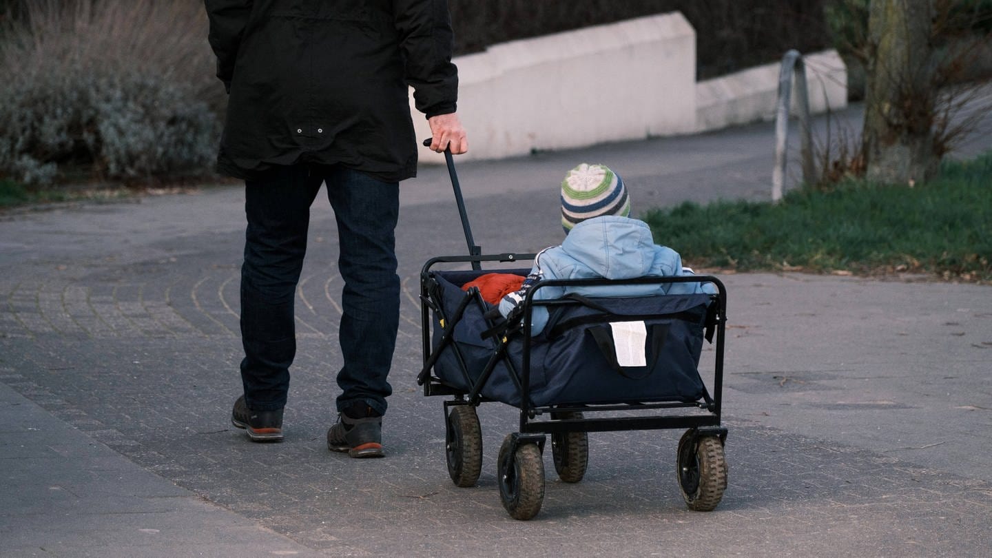 Ein Kind wird in einem Bollerwagen gezogen. (IMAGO / Michael Gstettenbauer, Symbolbild)