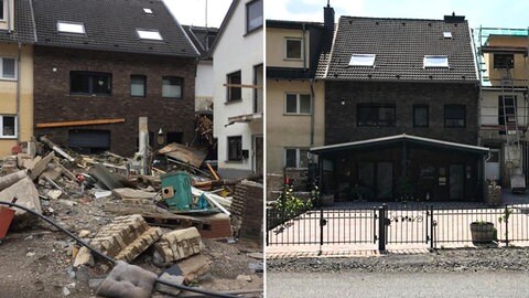 Das Haus der Familie Coßmann in Mayschoß im Ahrtal vor und nach der Flutkatastrophe 