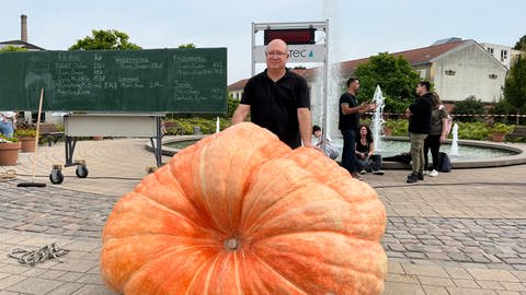 Matthias Würsching und sein Riesenkürbis mit 834,9 Kilogramm. Außerdem war der Kürbis der schönste auf der Gartenschau in Kaiserslautern.