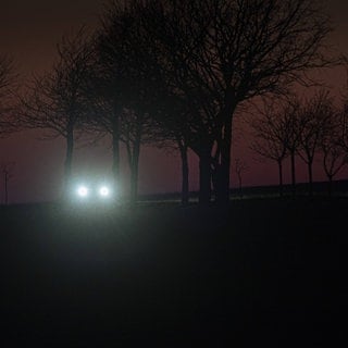 Auto fährt in der Dämmerung auf Landstraße.