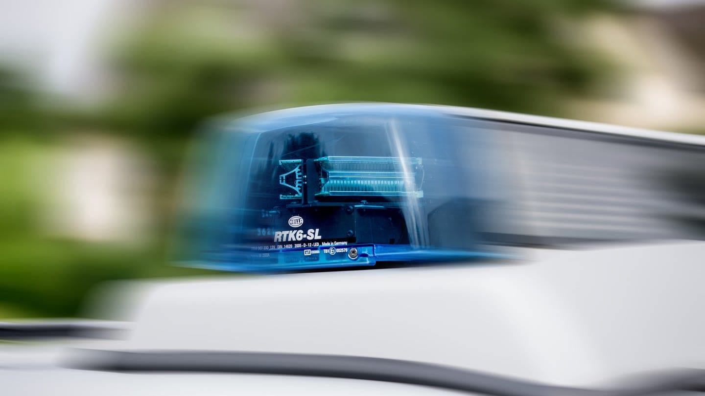 Ein Einsatzfahrzeug der Polizei, Streifenwagen mit Blaulicht, grüne Landschaft im Hintergrund.