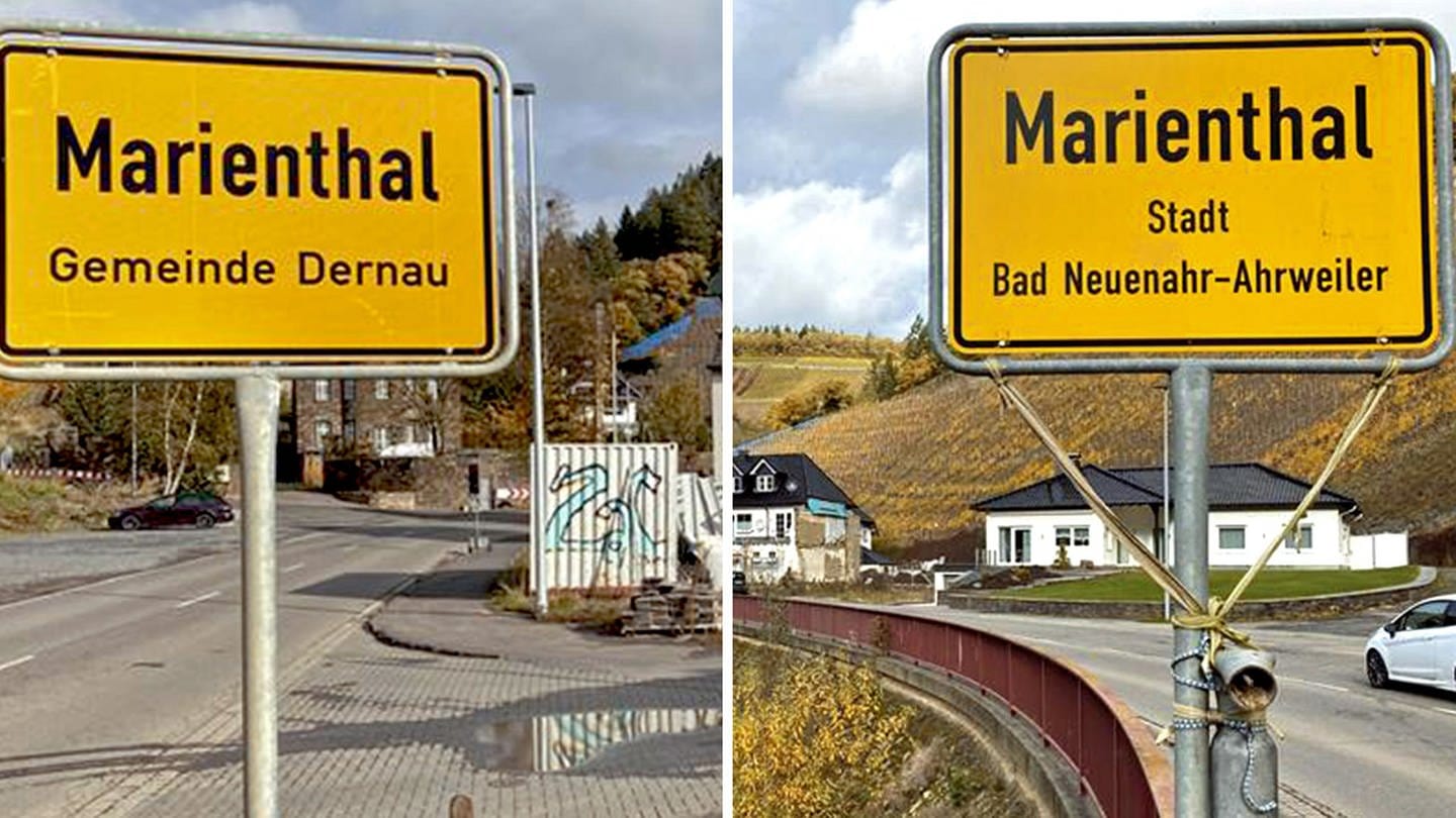 Zwei Ortsschilder aus Marienthal an der Ahr: die westliche Hälfte gehört bislang zu Dernau in der Verbandsgemeinde Altenahr, der östliche zur Stadt Bad Neuenahr-Ahrweiler. Jetzt werden beide Hälften vereinigt.
