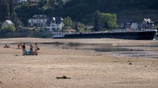 Menschen stehen auf einer der auch als „Sieben Jungfrauen“ bekannten Sandbänke im Rhein. Aufgrund von Trockenheit und Hitze sanken am Rhein die Pegelstände im Sommer 2020 deutlich.