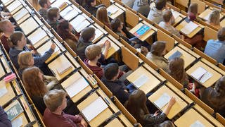 Studierende der Universität Koblenz-Landau sitzen im großen Hörsaal der Hochschule