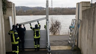 Feuerwehrleute bauten vorsorglich Teile der Hochwasserschutzmauer im Stadtteilen Neuendorf auf. 
