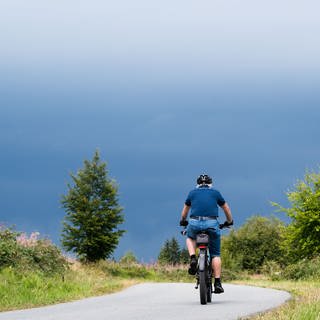 Ein Mann fährt mit einem E-Bike über eine Straße. Er ist von hinten zu sehen.