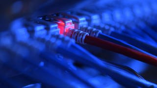 Hackerangriff auf Handwerkskammer Koblenz - Ein Netzwerkkabelstecker leuchtet in einer Netzwerkzentrale rot (Symbolbild)