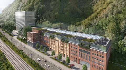 Grafik: Die Gebäude der Koblenzer Brauerei haben über ihren Innenhof ein gewölbtes Glasdach.