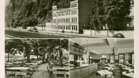 Brauerei-Ausschank Königsbach, Inhaber J. Classen und Albert Meud. Außenansicht; Biergarten; Innenansicht (Schankraum); um 1950