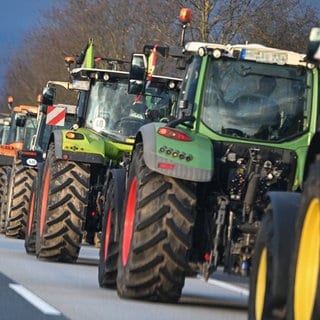 Mehrere Traktoren stehen hintereinander auf einer Landstraße