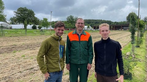 Johannes Storch, Ralf Melber und Daniel Müller (von links) vom Biohof "live2give". Sie betreiben eine Agroforst-Versuchsfläche auf einem Biohof in Dickendorf im Westerwald.