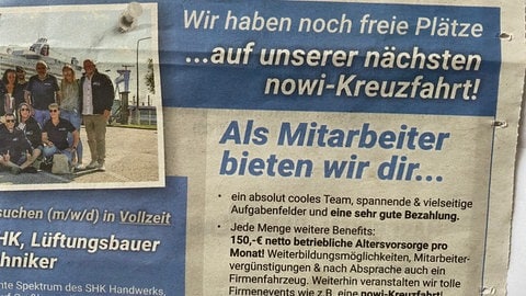 Mit dieser Zeitungsanzeige, in der auf die Kreuzfahrten hingewiesen wird, versucht die Firma Nowi-Bau aus Bad Breisig neue Mitarbeiter zu gewinnen.