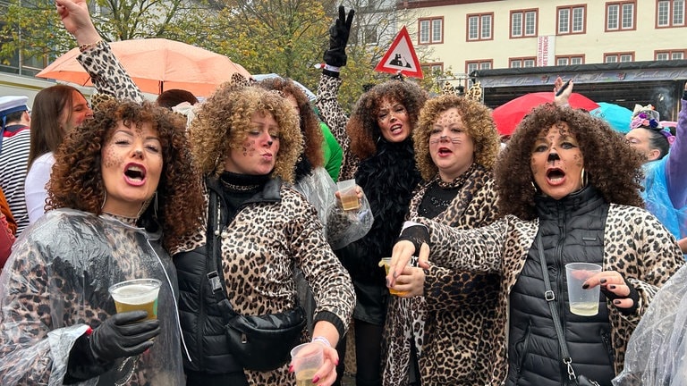 Mehrere Frauen im Leopardenkostüm beim Karnevalauftakt 2024 in Koblenz.  