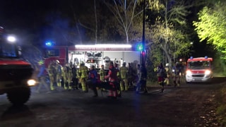 Einsatzkräfte der Feuerwehr und Bergwacht stehen in der Nähe des Unglücksortes in Mendig. Dort waren am Sonntagabend drei Jugendliche in einen rund zehn Meter tiefen Schacht gestürzt. Sie wurden schwer verletzt von der Bergwacht geborgen und in Krankenhäuser gebracht.