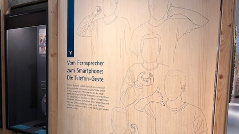 Eine Stellwand im Landesmuseum auf der Festung Ehrenbreitstein in Koblenz mit Gesten, die sich rund um die Handy-Nutzung entwickelt haben. 