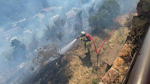 Feuerwehr bekämpft den Brand in Neuleiningen in der Pfalz im Kreis Bad Dürkheim