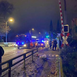 Ein Feuerwehrauto und ein Polizeiauto stehen im Dunkeln mit Blaulicht an dem Bahnübergang in Landau, wo eine Regionalbahn zuvor ein Auto erfasst hatte.