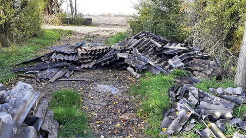 Illegale Müllablagerung am Flomersheimer Schaflackengraben durch asbesthaltige Wellfaserzementplatten.