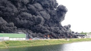 Die Feuerwehr bekämpfte am 22.6.2013 den Großbrand in einer Lagerhalle in Ludwigshafen.