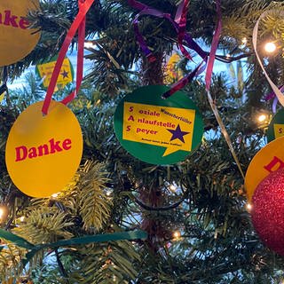 Der Wunscherfüller-Weihnachtsbaum der Sozialen Anlaufstelle Speyer: Jede Kugel finanziert einen Gutschein für wohnungslose Menschen.