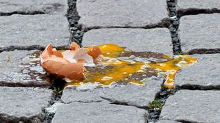 Zermatschtes Ei auf Straßenpflaster - Symbolbild Unbekannte bewerfen in Speyer Kinder auf Fahrrädern