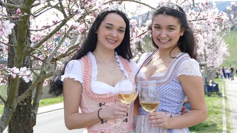 Mandelblüten-Hoheiten 2023 in Neustadt-Gimmeldingen vor einem blühenden Mandelbaum mit einem Glas Weißwein in der Hand
