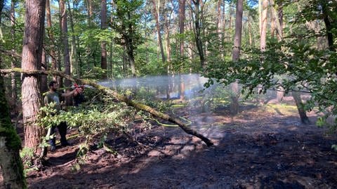 Ein Feuerwehrmann bewässert verbrannten Waldboden