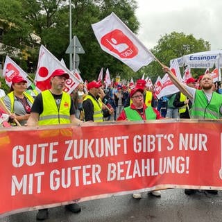 Protest bei der BASF in Ludwigshafen - sowohl die BASF-Mitarbeiter als auch die IG BCE sind vor Ort.