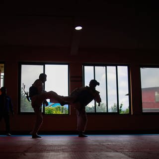 Zwei Menschen machen Taekwondo in einer Halle.