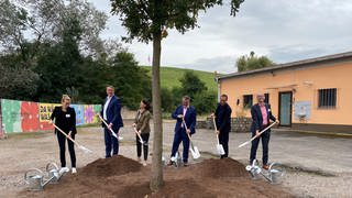 Ministerpräsident Alexander Schweitzer (SPD) pflanzt einen Baum auf dem Landedsgartenschau-Gelände in Neustadt - als symbolischer Auftakt für die Gestaltung des Landschaftsparks 