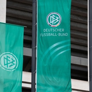 Fahnen mit dem Logo des Deutschen Fussball-Bund (DFB) wehen vor dem Stadion. 