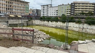 Das Bauloch am Berliner Platz in Ludwigshafen wird allmählich zum Feuchtbiotop. Der Stadtrat hat darüber diskutiert, auf dem Areal ein neues Büro- und Geschäftshaus zu errichten, in das auch die Ludwigshafener Stadtverwaltung einziehen soll.