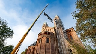 Ein Teleskopkran aus Neuwied hat die Gerüstteile zwischen die beiden Osttürme des Speyerer Doms gehoben.