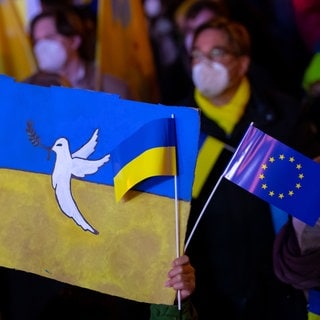 Schilder mit einer Friedenstaube und der Flagge der Ukraine in die Höhe. Symbolbild dafür, dass die Spendenbereitschaft für die Ukraine in der Pfalz zurückgeht.