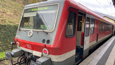 Ein Dieselzug der Deutschen Bahn mit Fahrziel Neustadt. Solche Züge will die Bahn Ende 2025 durch Akkuzüge ersetzen.