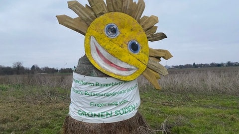 Eine Sonnenblume aus Stroh. Die Bürgerinitiative Rheingönheim protestierte vor fünf Jahren erfolgreich gegen das Neubaubaugebiet.