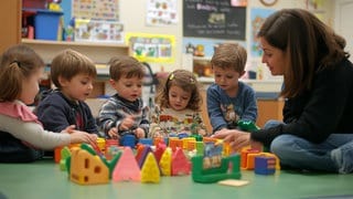 Eine Erzieherin mit kleinen Kindern in einer Kita, Symbolbild für Neustadt sucht mit Werbekampagne nach Kita-Mitarbeitern