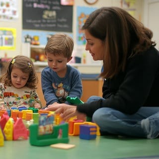 Eine Erzieherin mit kleinen Kindern in einer Kita, Symbolbild für Neustadt sucht mit Werbekampagne nach Kita-Mitarbeitern